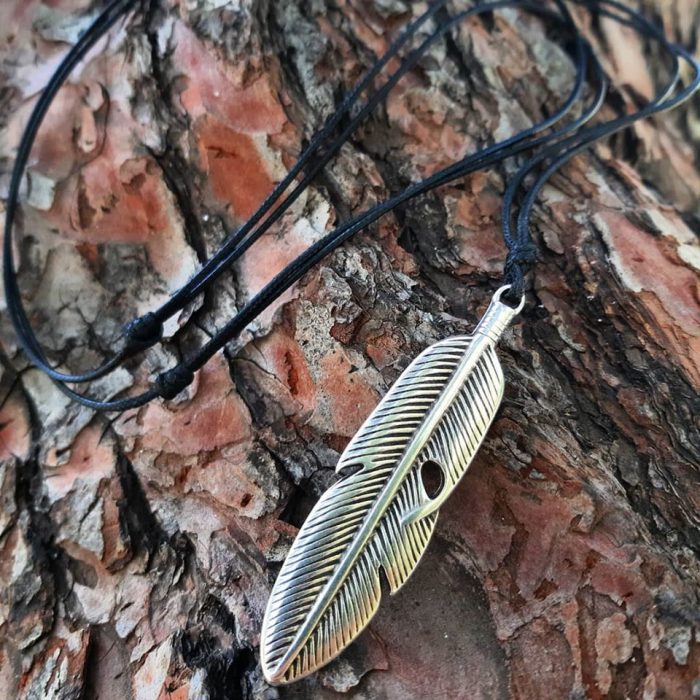 black snake cord necklace with metallic feather