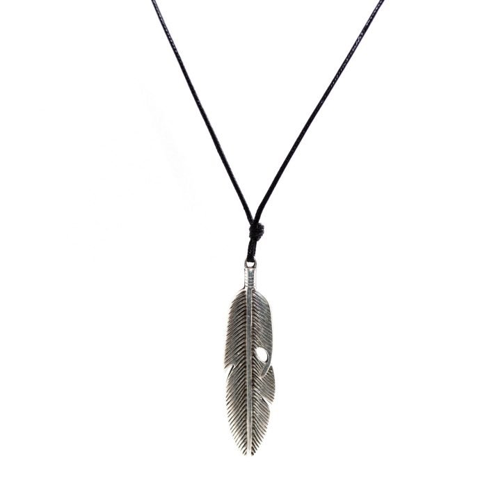 black snake cord necklace with metallic feather