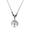 black snake cord necklace with metallic rounded tree of life and wooden beads