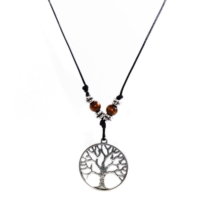 black snake cord necklace with metallic rounded tree of life and wooden beads