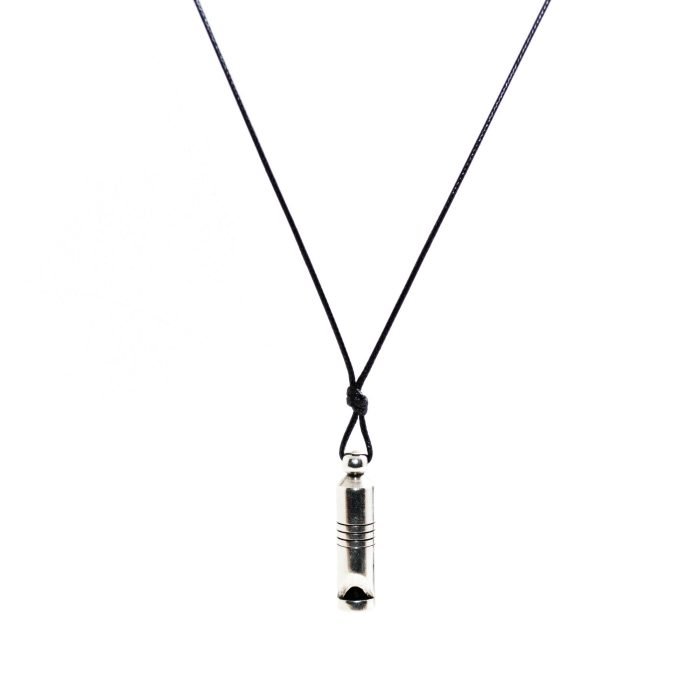 black snake cord necklace with metallic whistle