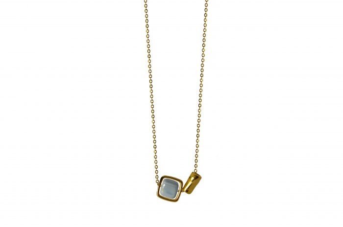 gold necklace with light blue ceramic cube